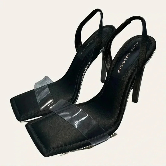 GOOD AMERICAN CRYSTAL CRUSH LUCITE SANDAL STILETTO HEELS WITH RHINESTONES SZ 9 - Picture 8 of 9